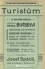 Reklama na Spáčilův hostinec v Buchlovicích. Zdroj: Průvodce po Buchlově (Karel Jaroslav Obrátil, 1905)