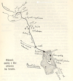 Plánek cesty z Buchlovic k hradu Buchlov. Zdroj: Průvodce po Buchlově (Karel Jaroslav Obrátil, 1905)
