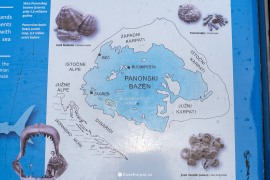 Vymezení Panonské pánve v místě bývalého Panonského moře. Foto z naučného panelu v chorvatském pohoří Krndija. (2021)