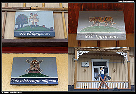 Szczawnica - dřevěné cedulky na domech v lázních, tzv. szalayovské symboly