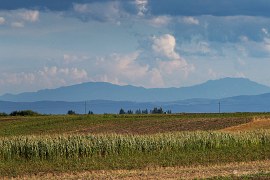 Výhled na mohutné hory Gropșoarele (vlevo) a Ciucaș (vpravo) od polí u města Târgu Secuiesc (2024)