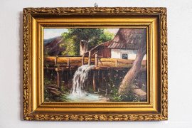 Vyobrazení dávného mlýna na říčce Tŕstie, nyní je vodní tok odkloněn mírně jinou stopou (2023)